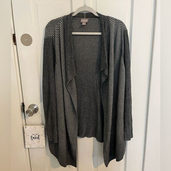 Chico’s Grey Stripe Assymetrical Cardigan Size 12 - Picture 1 of 5
